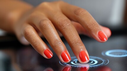 A person initiates a secure digital currency transaction on a sleek, futuristic interface, showcasing modern tech.