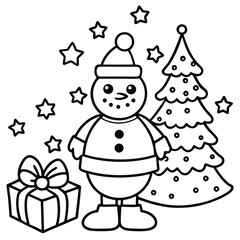Christmas Snowman with Tree and Gift Box Cute Line Art