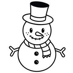 A cute cartoon snowman with a festive hat enjoys the snowy winter holiday season coloring page