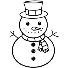 A cute cartoon snowman with a festive hat enjoys the snowy winter holiday season coloring page