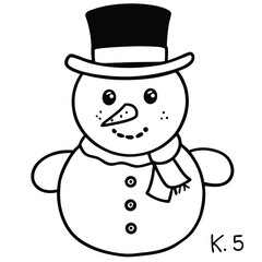 A cute cartoon snowman with a festive hat enjoys the snowy winter holiday season coloring page
