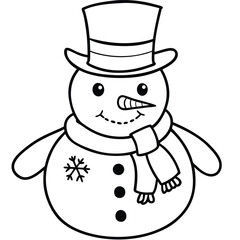 A cute cartoon snowman with a festive hat enjoys the snowy winter holiday season coloring page