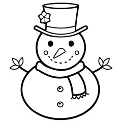 A cute cartoon snowman with a festive hat enjoys the snowy winter holiday season coloring page