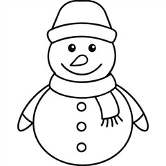 Cute cartoon snowman with a scarf, hat, and broom smiles against a white winter background, perfect for Christmas holiday decoration coloring page