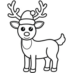 Cute cartoon reindeer, a brown mammal with big antlers and a red nose, is a vector illustration isolated on white coloring page