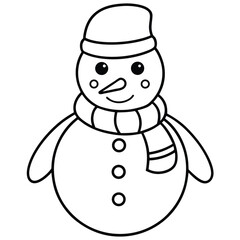 Cute cartoon snowman with a scarf, hat, and broom smiles against a white winter background, perfect for Christmas holiday decoration coloring page