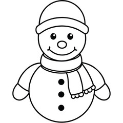 Cute cartoon snowman with a scarf, hat, and broom smiles against a white winter background, perfect for Christmas holiday decoration coloring page