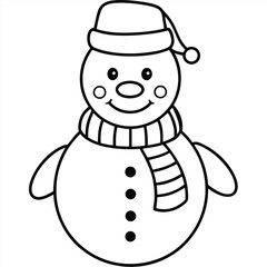 Cute cartoon snowman with a scarf, hat, and broom smiles against a white winter background, perfect for Christmas holiday decoration coloring page