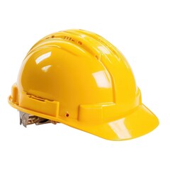 Fototapeta premium Yellow hard hat on white background, industrial safety helmet for construction workers, protective headwear for engineering and site labor