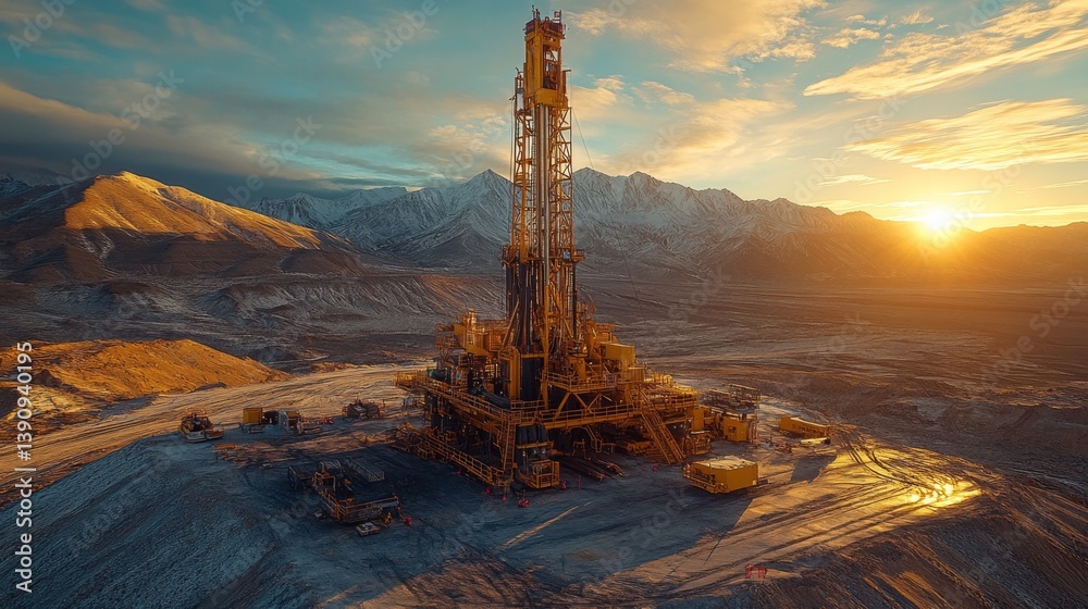Poster a drilling rig stands prominently in a rugged landscape as the sun rises, illuminating the surroundi
