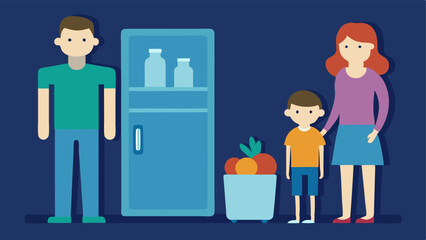 Empty Refrigerator An of a family standing in front of an open refrigerator that is nearly empty with only a few items like a wilted vegetable and a milk carton.
