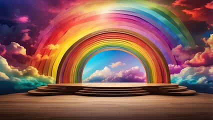 multi-tiered wooden stage set against a dramatic sky with a vibrant rainbow arching above and colorful clouds