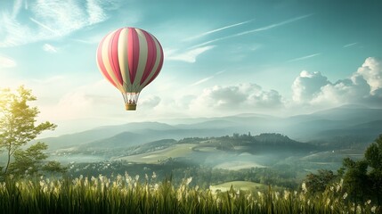 Obraz premium Hot air balloon floats over a landscape with trees and a blue sky.