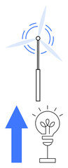 Wind turbine generating power symbolized by an upward arrow, lighting up a simple light bulb. Ideal for renewable energy, green technology, innovation, sustainability, efficiency, progress