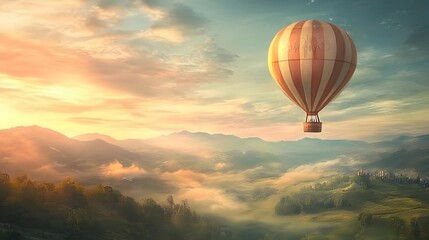 Obraz premium Hot air balloon floats above a forest landscape under a colorful sky.