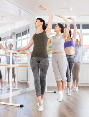 Female ballet dancers doing various ballet movements at a ballet barre in third position