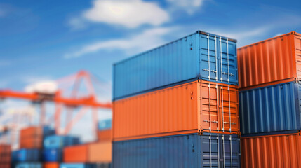 Fototapeta premium Stacked shipping containers at port representing global trade and logistics, concept of import export business and international commerce.