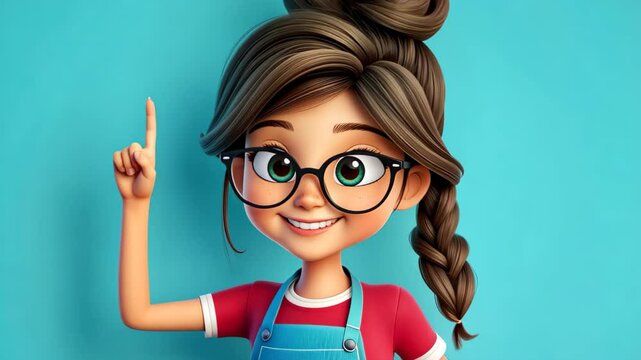 Cheerful girl in glasses and blue apron points to blank space, ideal for ads. Minimalist cartoon style with fun textures.