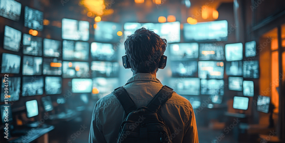 Aufkleber A person with headphones stands focused in a dimly lit room surrounded by multiple screens displaying financial data and transaction statements, emphasizing the importance of mobile banking security.