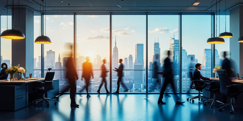 City office men rush fast. Work going way night hours Urban life tied speed. Large space desk Late day expo group table, dark view image. Suit team walk hall, hurry fair up room, light tone blur crowd