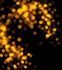 Obraz premium Abstract swirling gold bokeh lights on black background, creating a luxurious, festive feel, digital art, shine, dark