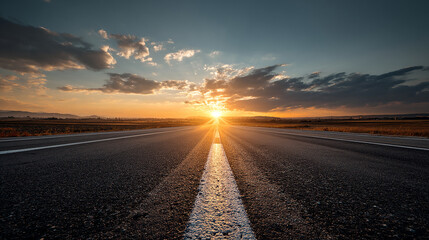 Empty road stretching into a glowing sunrise