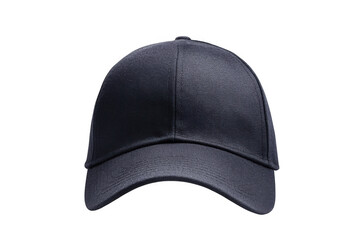 A dark colored baseball cap displayed against a solid dark space on transparent background