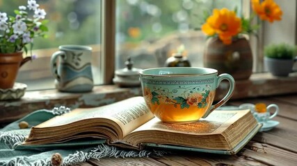 National Read a Book Day open book with a cup of tea, September 6th