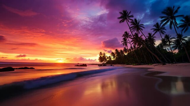Gorgeous, vivid sunset at a tropical sea beach, outlined by coconut tree silhouettes, Ai Generated.
