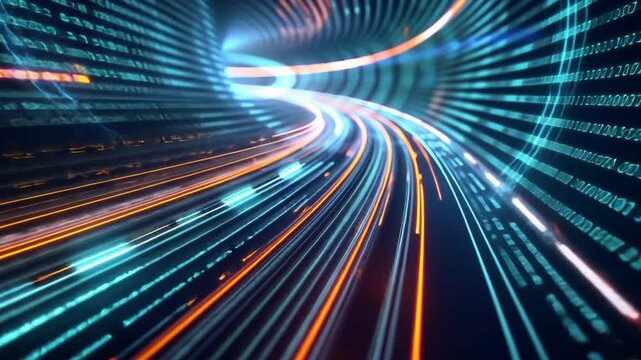 Abstract Digital Background Flowing Lines and Binary Code Representing Speed, Technology, and Motion in Vibrant Landscape of Innovation.