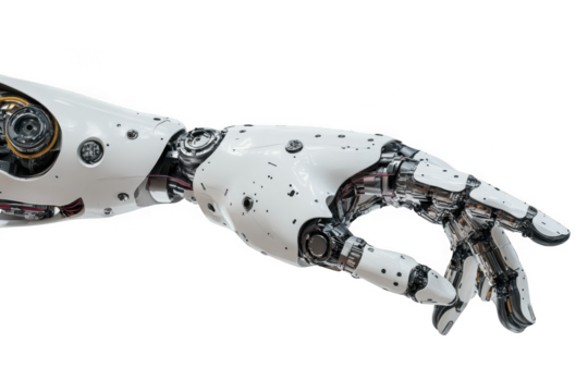 Robotic arm with intricate details against a stark dark backdrop on transparent background