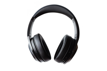 A pair of over ear headphones isolated against a dark backdrop on transparent background