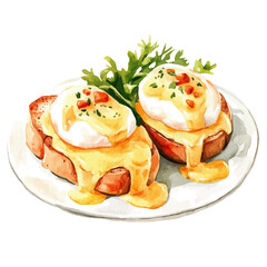 A watercolor painting of Eggs Benedict, isolated on a white background. Eggs Benedict vector

