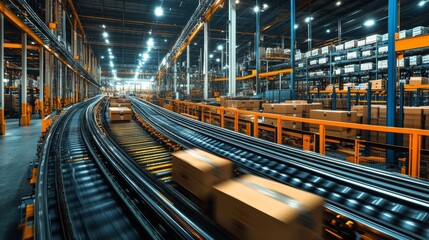 Automated conveyor belts transport packages through a well organized logistics center filled with shelves of stored products, highlighting advanced infrastructure for supply chain efficiency.