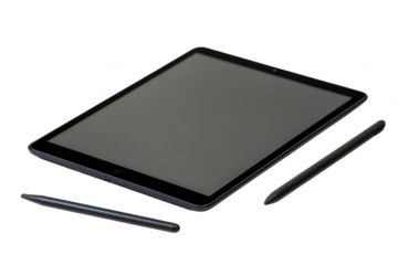 Tablet device with stylus pens on a plain dark colored surface on transparent background