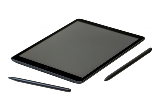 Tablet device with stylus pens on a plain dark colored surface on transparent background
