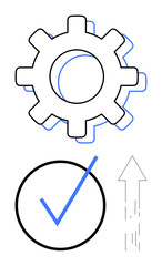 Gear representing process, checkmark symbolizing approval, upward arrow for growth and success. Ideal for innovation, productivity, achievement, planning, workflow, quality control flat simple
