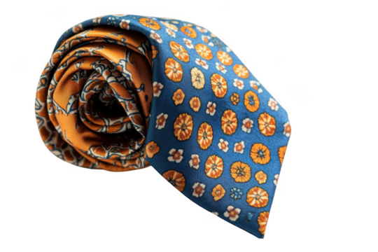 Close up of a rolled necktie with floral and paisley patterns shown on transparent background