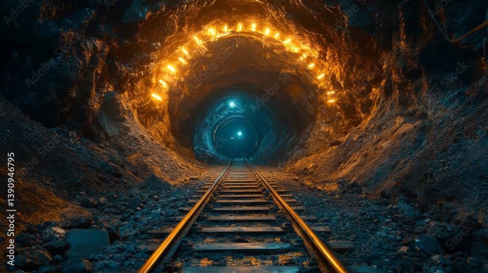 Poster bright lights illuminate a tunnel deep within a mining site, revealing railway tracks positioned on 