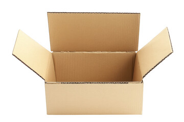 An opened cardboard box with flaps extended on a dark setting on transparent background