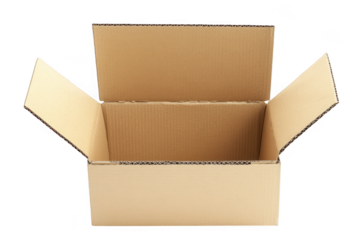 An opened cardboard box with flaps extended on a dark setting on transparent background