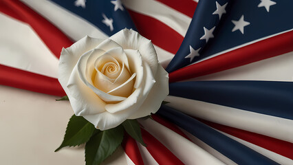 Fototapeta premium Patriotic Tribute Background with Rose and Folded Flag