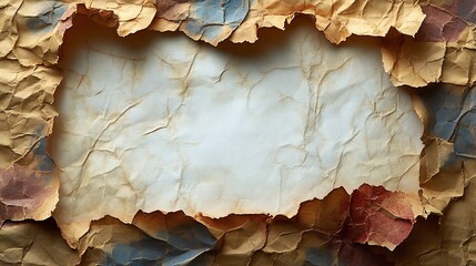 Vintage crumpled paper poster with creases and a torn edge featuring a retro abstract design and a blank white space for artistic expression