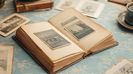 Exploring memories aged photograph album home visual collection cozy environment intimate viewpoint nostalgic concept