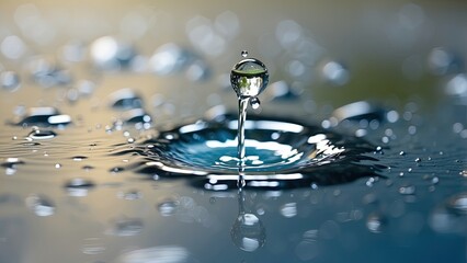 Close-up shot of a water droplet splashing into a calm body of water