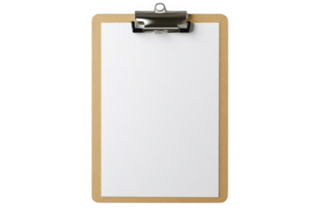 A clipboard with a blank white sheet of paper on dark setting on transparent background