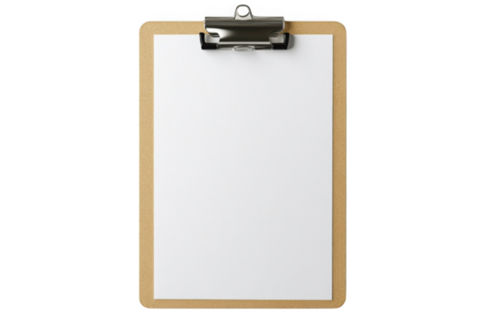 A clipboard with a blank white sheet of paper on dark setting on transparent background
