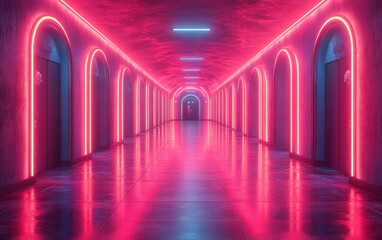 Futuristic Cyberpunk Room with Neon Lighting and Symmetrical Composition for Modern Interior Design Concept