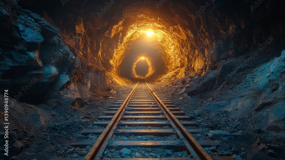 Fototapete rails stretch into a dark mining tunnel, illuminated by warm orange lights. the rocky walls show sig