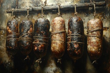 Cured Sausages in Baroque Style with Dramatic Chiaroscuro Lighting